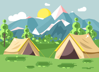 Vector illustration cartoon nature national park landscape with two tents camping hiking rules of survival bushes, lawn, trees, daytime sunny day, outdoor background of mountains in flat style