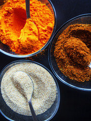 Ajo, colorante y adobo. Especias en polvo. Spices