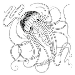Black and white outline jellyfish in tattoo style with stipples