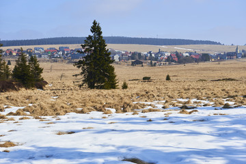  Bozi Dar peat bog trail at the turn of winter and spring, Ore mountains (Czech Republic)