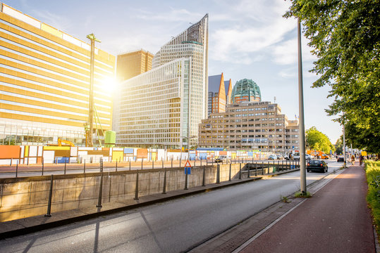 Street view on the modern office buildings during the sunset in Haag city, Netherlands