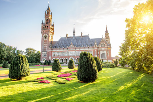 Sunset view on the Peace palace the seat of international law in Haag city, Netherlands