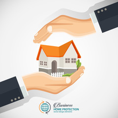 Fototapeta na wymiar The concept of safe houses, Two hands protecting the house. Real Estate business vector flat style concept design illustration.
