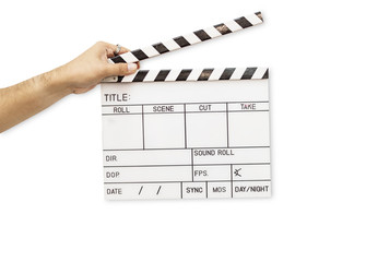 White Clapperboard. Movie production sign hold by male hands.isolated on white