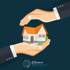 Fototapeta na wymiar The concept of safe houses, Two hands protecting the house. Real Estate business vector flat style concept design illustration.