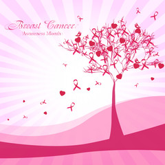 Awesome postcard with abstract tree and pink ribbons and hearts as leaves on pale striped background. National Breast Cancer Awareness Month. Vector illustration
