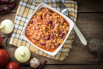 Chili con carne in a bowl.