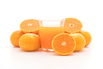 orange juice with orange on white background