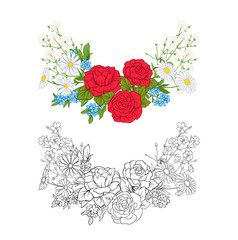 Bouquet with roses and daisies. Traditional European pattern.