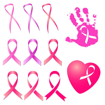 Set of pink ribbon in different versions and three colors of pink isolated on white. National Breast Cancer Awareness Month. Vector illustration