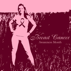 Shape of standing woman with cancer ribbon on breast on dark pink natural background. National Breast Cancer Awareness Month. Vector illustration