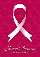 Shape of cancer ribbon on dark pink seamless background with ribbons. National Breast Cancer Awareness Month. Vector illustration