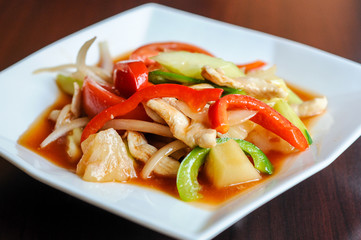 Stir-fried Sweet & Sour, Stir-fried with pineapple, onions, tomatoes, cucumbers and bell peppers.