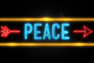 Peace  - fluorescent Neon Sign on brickwall Front view