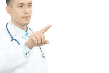 Professional doctor with stethoscope working with virtual screen ,Isolated on white