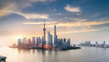 shanghai skyline in sunrise - obrazy, fototapety, plakaty