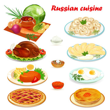 Illustration set of Russian cuisine with soup, dumplings pancakes, scrambled eggs, hamburger and cake