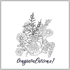 Bouquet with roses and daisies. Traditional European pattern. Stock line vector illustration. Outline hand drawing coloring page for adult coloring book.

