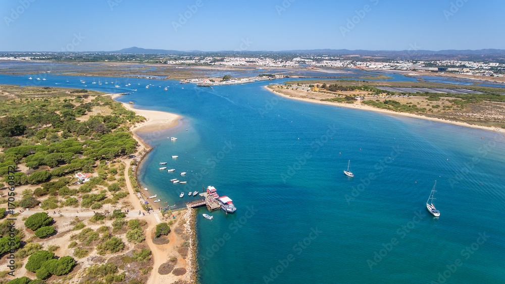 Wall mural Aerial. Gulf of the river island of Tavira. View from sky