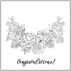 Bouquet with roses and daisies. Traditional European pattern. Stock line vector illustration. Outline hand drawing coloring page for adult coloring book.

