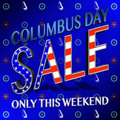 3D, Columbus Day Sale, Bright and shiny background for American Holidays in the colors red, white and blue. American Holidays Template.