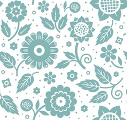 Fototapeta na wymiar The flowers and leaves, decorative background, seamless, blue and white, vector. Gray-blue decorative flowers and leaves on a white background. Floral seamless pattern. 