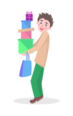 Man with Gifts Boxes Flat Cartoon Vector Icon  