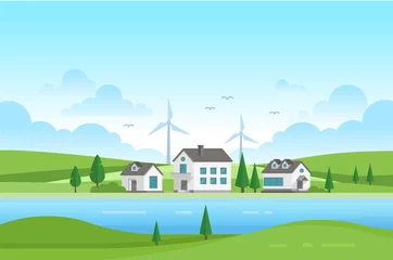 Schilderijen op glas Housing estate with windmills by the river - modern vector illustration © Boyko.Pictures