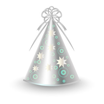 Silver Party Hat With Ribbon Bow And Stars Vector