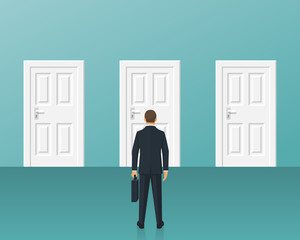 Businessman standing in front of three closed doors. Choice way concept. Decision business metaphor. Vector flat style design. Isolated on background. Human before choosing. Decide direction.