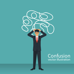 Confused thoughts. Confusion concept. Businessman is holding hands on head. Vector illustration flat design. Isolated on white background.
