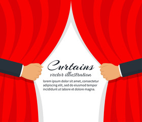 Open the curtain. Man hand open stage red curtain. Place for text template. Vector illustration flat style. Isolated on white background. Banner for design. Drape in presenting theater. Actor scene.