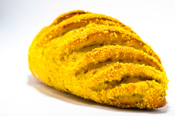 cakes and breads on a white background