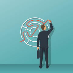 Creative problem solving. Businessman standing about wall drawing exit from labyrinth. Business concept. Choice way. Vector illustration flat design. Isolated on background. Achieving the goal.