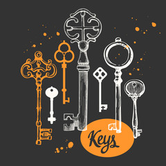 Vector set of hand-drawn antique keys. Illustration in sketch style on black background. Old design