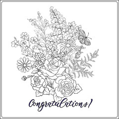 Bouquet with roses and daisies. Traditional European pattern. Stock line vector illustration. Outline hand drawing coloring page for adult coloring book.
