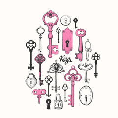 Vector set of hand-drawn antique keys. Illustration in sketch style on white background. Old design