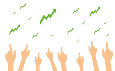Hände zeigen auf aufsteigende Aktienkurven