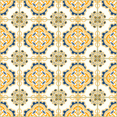 Seamless pattern with portuguese tiles. Vector illustration of Azulejo on white background. Mediterranean style. Blue and yellow design.