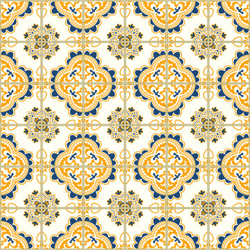 Seamless pattern with portuguese tiles. Vector illustration of Azulejo on white background. Mediterranean style. Blue and yellow design.