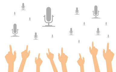 Hände zeigen auf Mikrofone