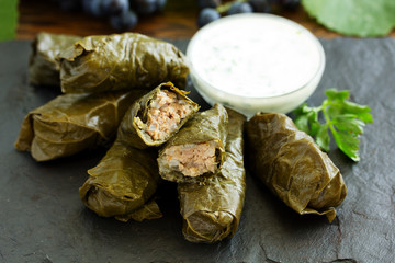 dolma stuffed with meat and rice leaves of grapes.