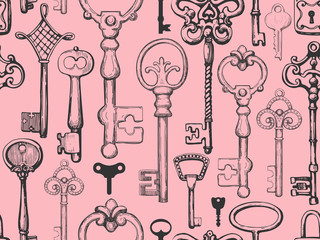 Seamless pattern. Vector set of hand-drawn antique keys, keyholes and locks. Illustration in sketch style on white background. Old design.