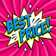 Best price - Comic book style word on a purple background. Best price comic text speech bubble. Color tag in pop art style. Pink best price sticker. Pop art comic promotion web banner. Decorative