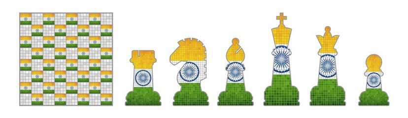 Chess pieces with India flag  - Illustration,
Chess Pieces Set,
Chess pieces with grunge India Flags, 
Chess pieces and games visuals