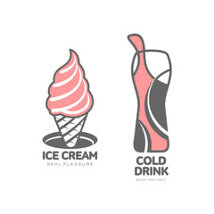 Vector ice cream waffle cone, soft cold drink glass simple flat cartoon isolated illustration on a white background. Sweet delicious dessert food, snack
