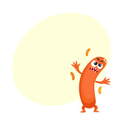 Ugly green virus, germ, bacteria character with human face, cartoon vector illustration with space for text. Scary bacteria, virus, germ monster with human face and sharp teeth