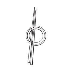 Bamboo Asian, Chinese, Japanese chopsticks lying on soy sauce bowl, sketch vector illustration isolated on white background. Traditional Chinese, Japanese, Thai cuisine - chopsticks and soy sauce