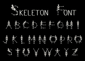Dancing skeletons font, set of letters. Stock line vector illustration 