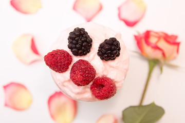 Dessert with chia, raspberry, blueberry, strawberry and whipped cream. Healthy super food detox concept.